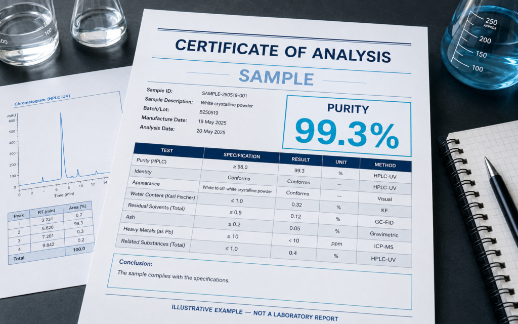 Illustrative sample Certificate of Analysis showing 99.3% purity