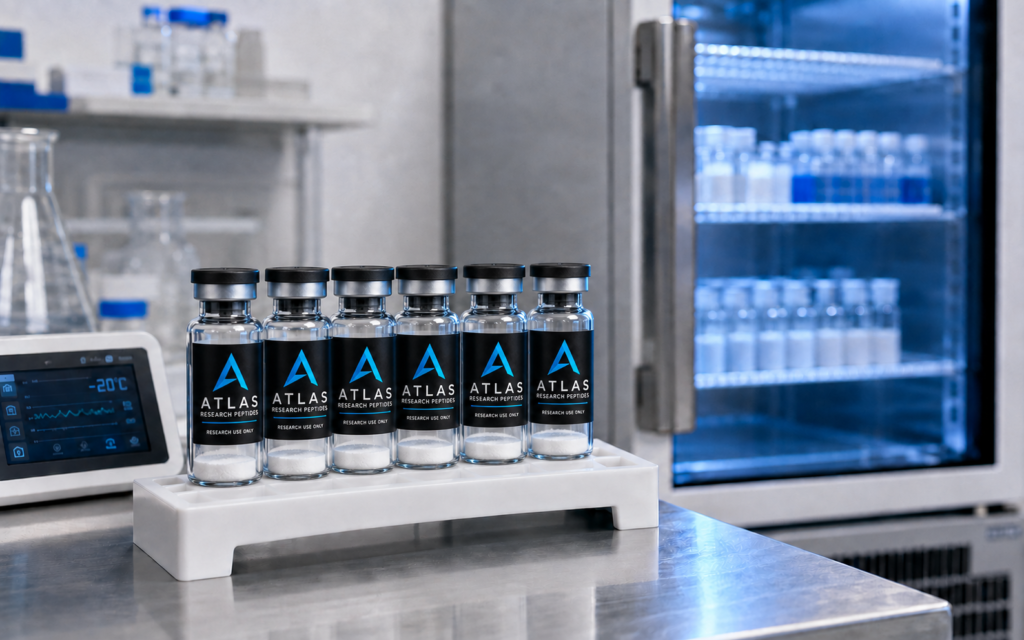 Six Atlas Precision Peptides vials in a monitored cold-storage laboratory